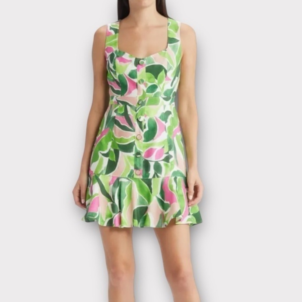 Milly Green Pink Leaf-Print Mini Dress